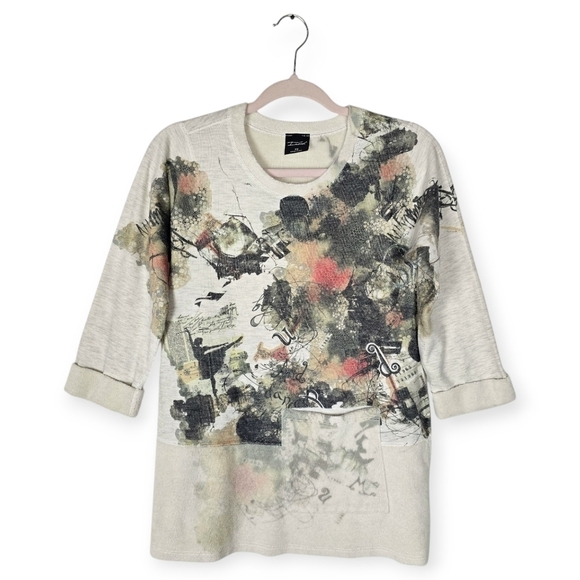 Inoah Floral Shabby Chic Terry Cloth Lagenlook 3/4 Sleeve Top - Picture 1 of 7